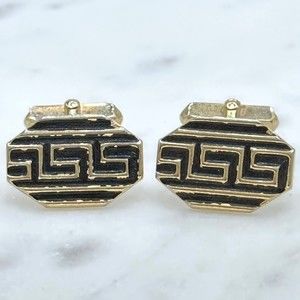 Vintage SWANK Gold Tone & Black Meander Greek Pattern Bullet Back Cufflinks